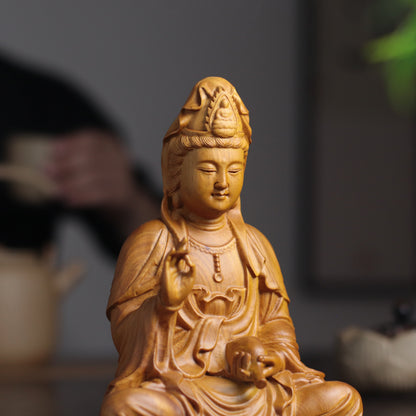 Scented Cypress Guan Yin Statue - Hand-Carved Compassion Goddess, Avalokiteshvara for Home Altar