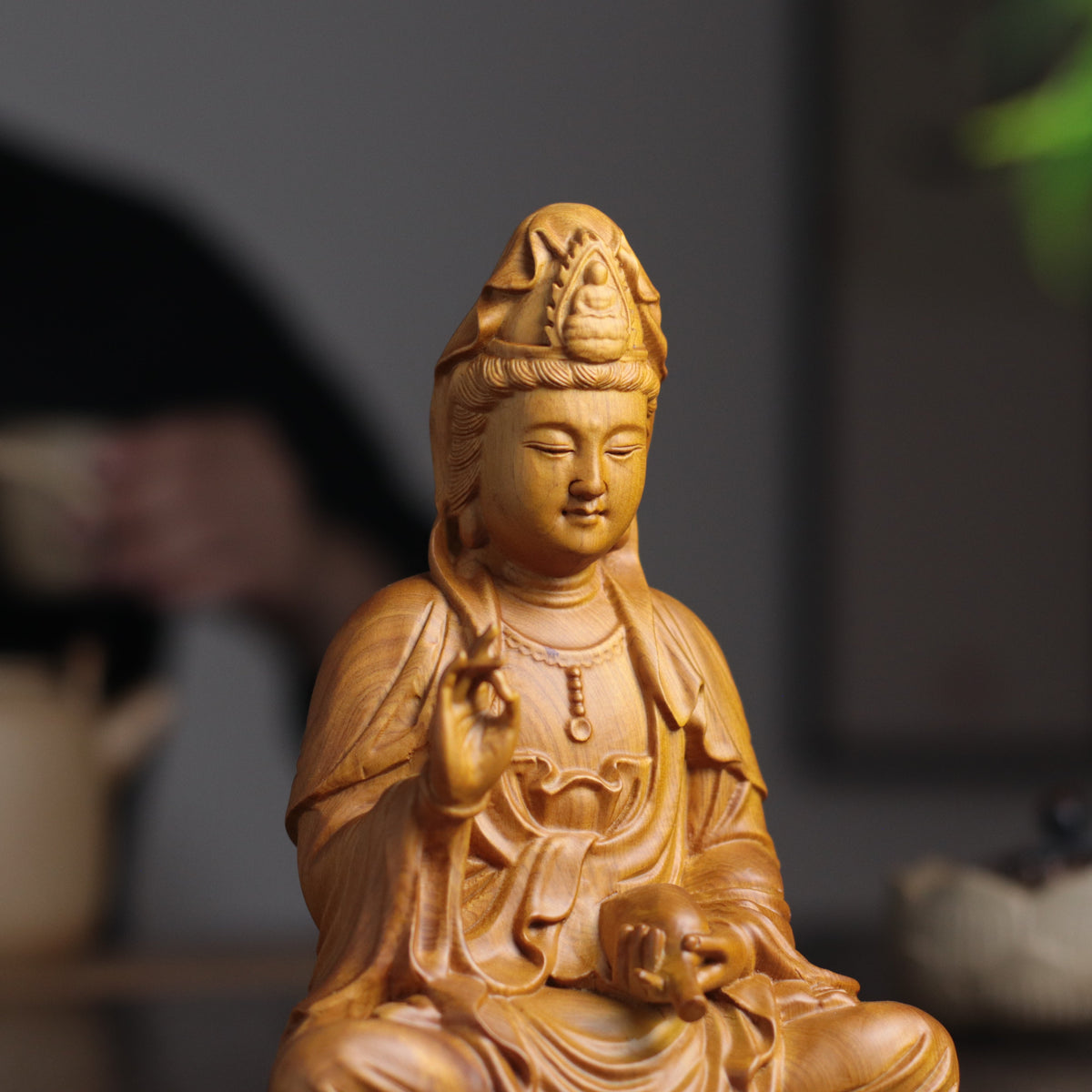 Scented Cypress Guan Yin Statue - Hand-Carved Compassion Goddess, Avalokiteshvara for Home Altar