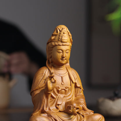 Scented Cypress Guan Yin Statue - Hand-Carved Compassion Goddess, Avalokiteshvara for Home Altar