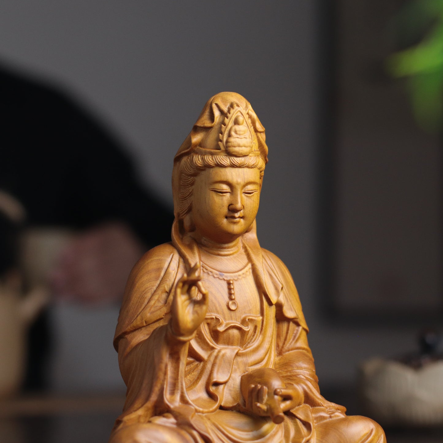 Scented Cypress Guan Yin Statue - Hand-Carved Compassion Goddess, Avalokiteshvara for Home Altar