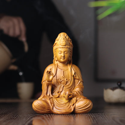Scented Cypress Guan Yin Statue - Hand-Carved Compassion Goddess, Avalokiteshvara for Home Altar