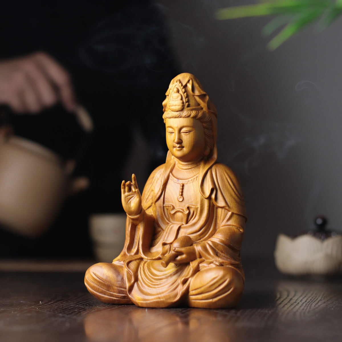 Scented Cypress Guan Yin Statue - Hand-Carved Compassion Goddess, Avalokiteshvara for Home Altar