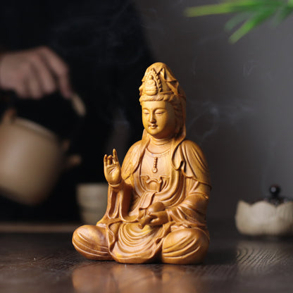 Scented Cypress Guan Yin Statue - Hand-Carved Compassion Goddess, Avalokiteshvara for Home Altar