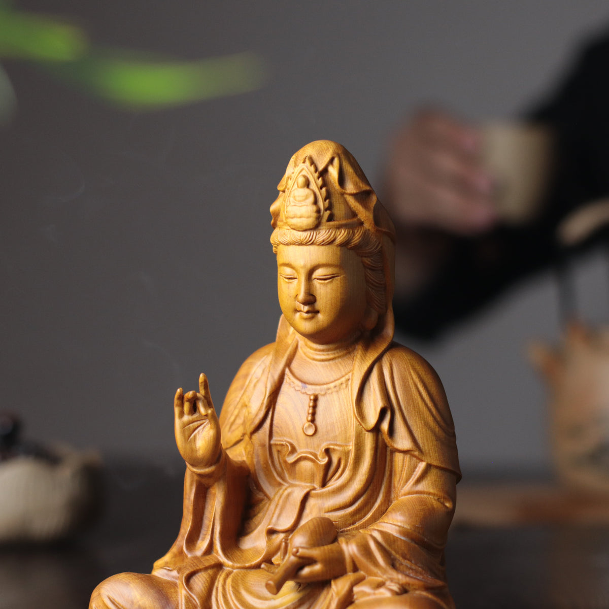 Scented Cypress Guan Yin Statue - Hand-Carved Compassion Goddess, Avalokiteshvara for Home Altar