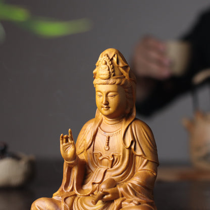 Scented Cypress Guan Yin Statue - Hand-Carved Compassion Goddess, Avalokiteshvara for Home Altar