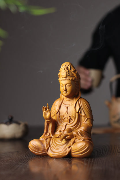 Scented Cypress Guan Yin Statue - Hand-Carved Compassion Goddess, Avalokiteshvara for Home Altar