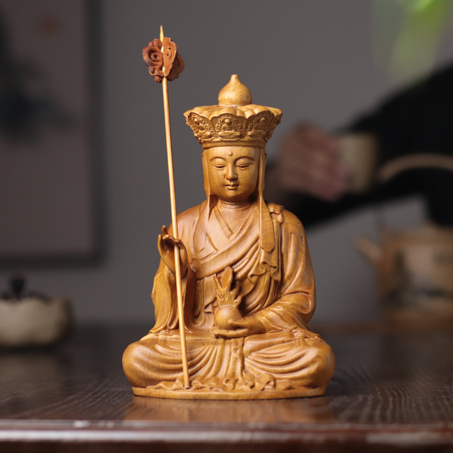 Hand-Carved Ksitigarbha Bodhisattva Statue, Jizo Sculpture