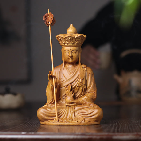 Hand-Carved Ksitigarbha Bodhisattva Statue, Jizo Sculpture