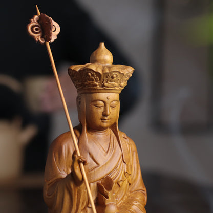 Hand-Carved Ksitigarbha Bodhisattva Statue, Jizo Sculpture