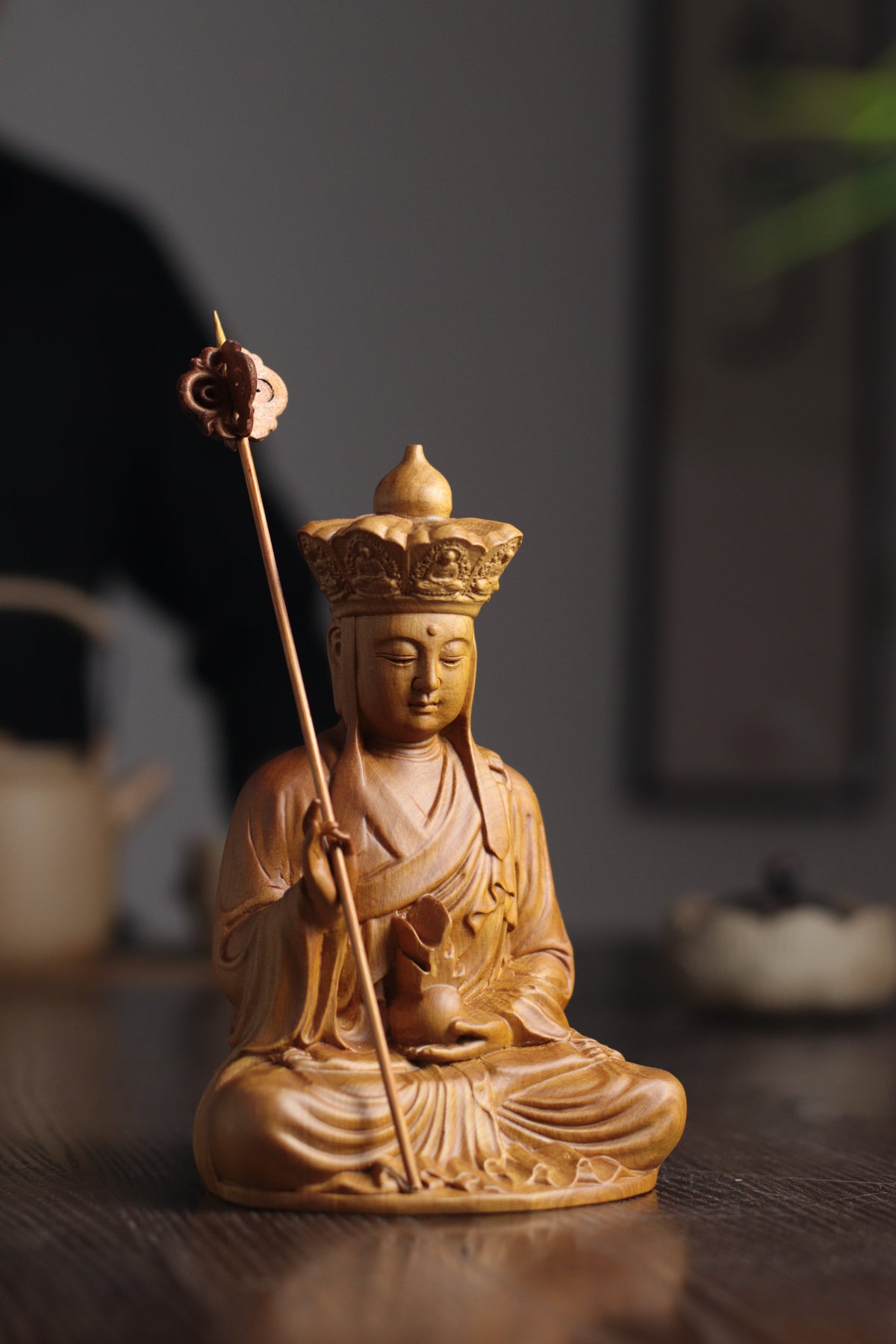 Hand-Carved Ksitigarbha Bodhisattva Statue, Jizo Sculpture