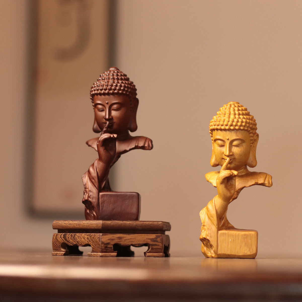 Silent Buddha Statue – Hand-Carved Wood Shh Buddha Bust