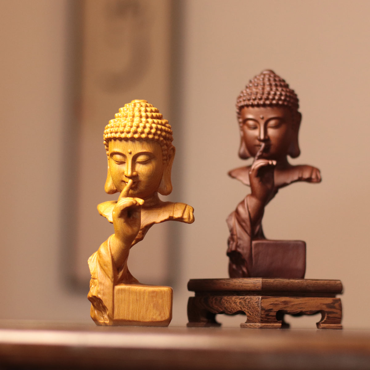 Silent Buddha Statue – Hand-Carved Wood Shh Buddha Bust