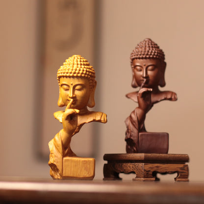 Silent Buddha Statue – Hand-Carved Wood Shh Buddha Bust