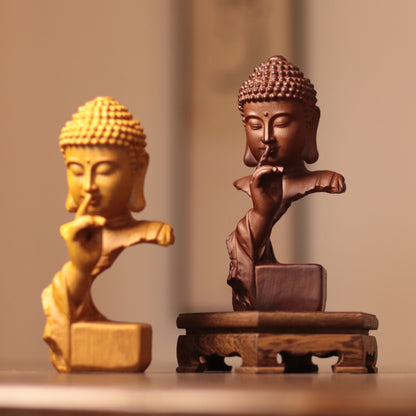 Silent Buddha Statue – Hand-Carved Wood Shh Buddha Bust