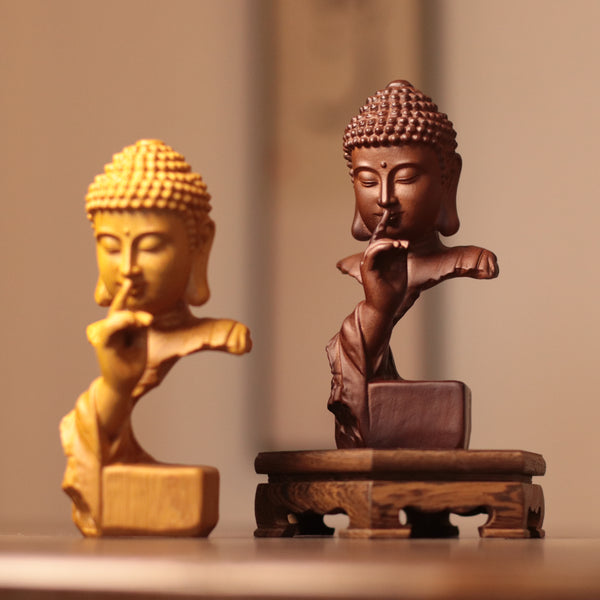 Silent Buddha Statue – Hand-Carved Wood Shh Buddha Bust