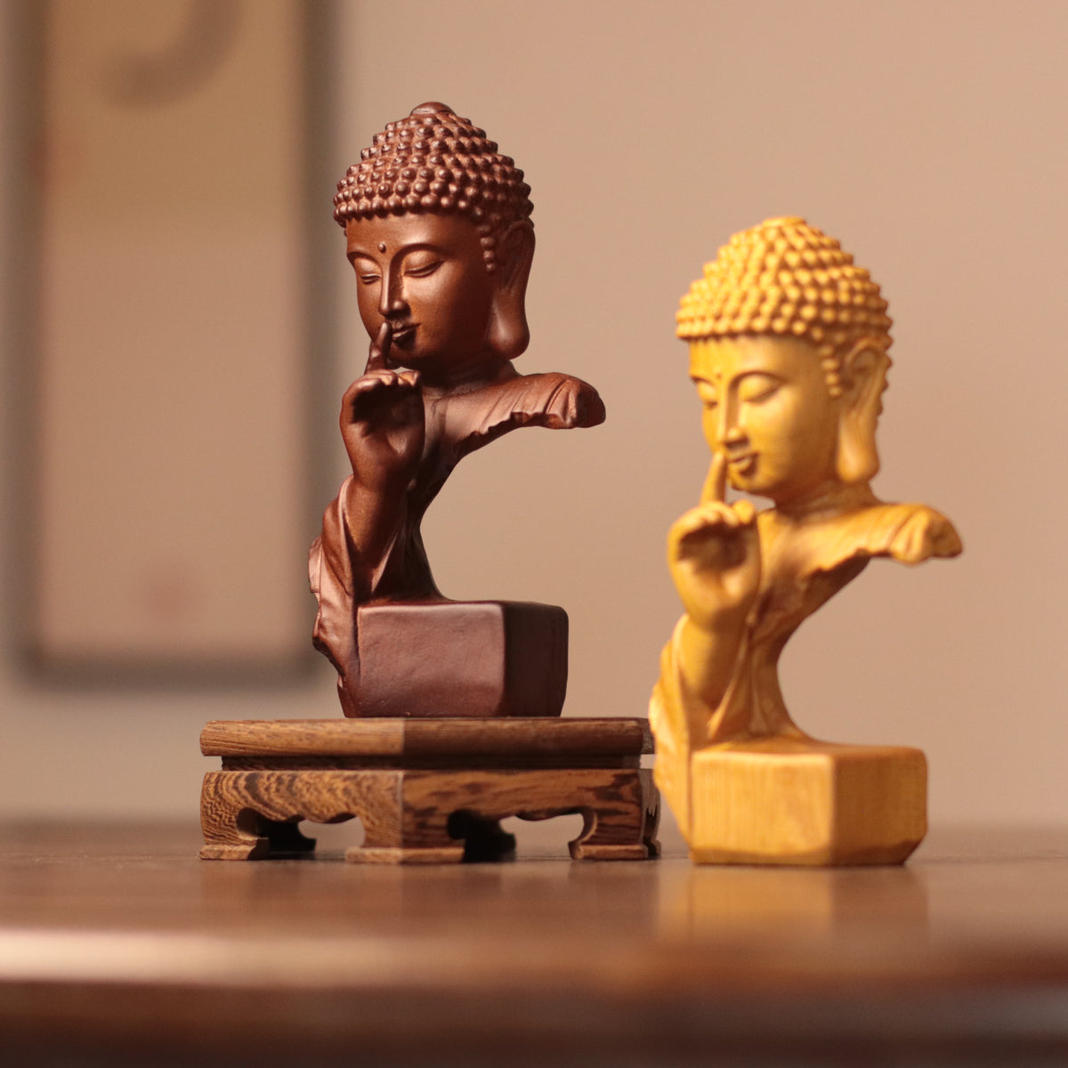 Silent Buddha Statue – Hand-Carved Wood Shh Buddha Bust