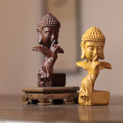 Silent Buddha Statue – Hand-Carved Wood Shh Buddha Bust