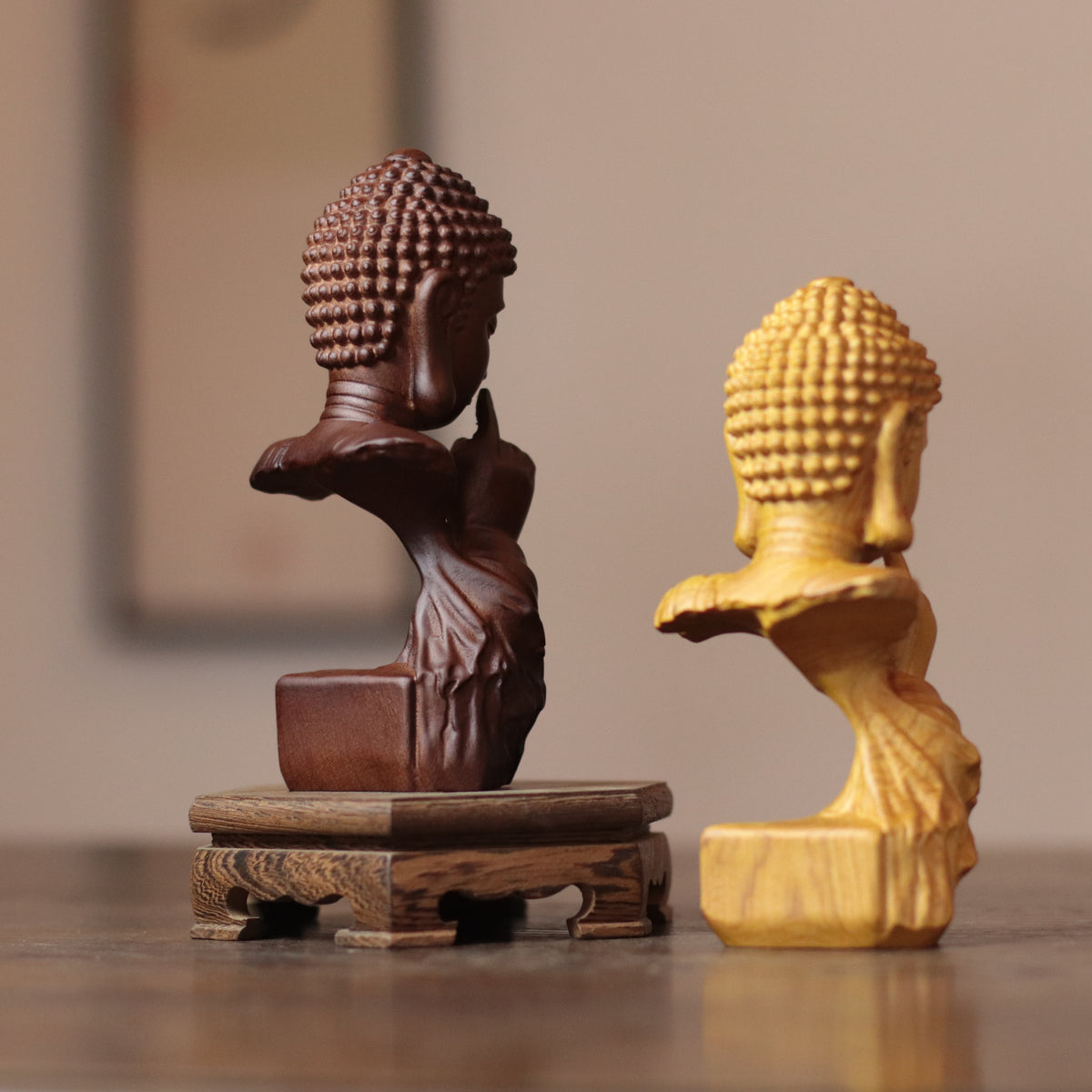 Silent Buddha Statue – Hand-Carved Wood Shh Buddha Bust