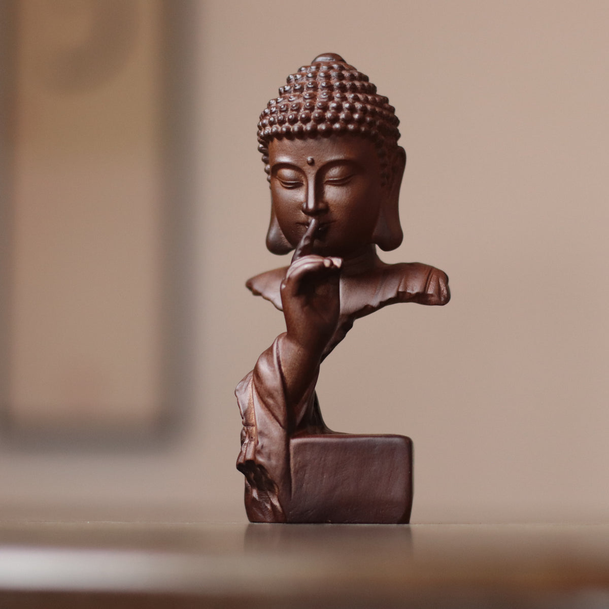 Silent Buddha Statue – Hand-Carved Wood Shh Buddha Bust
