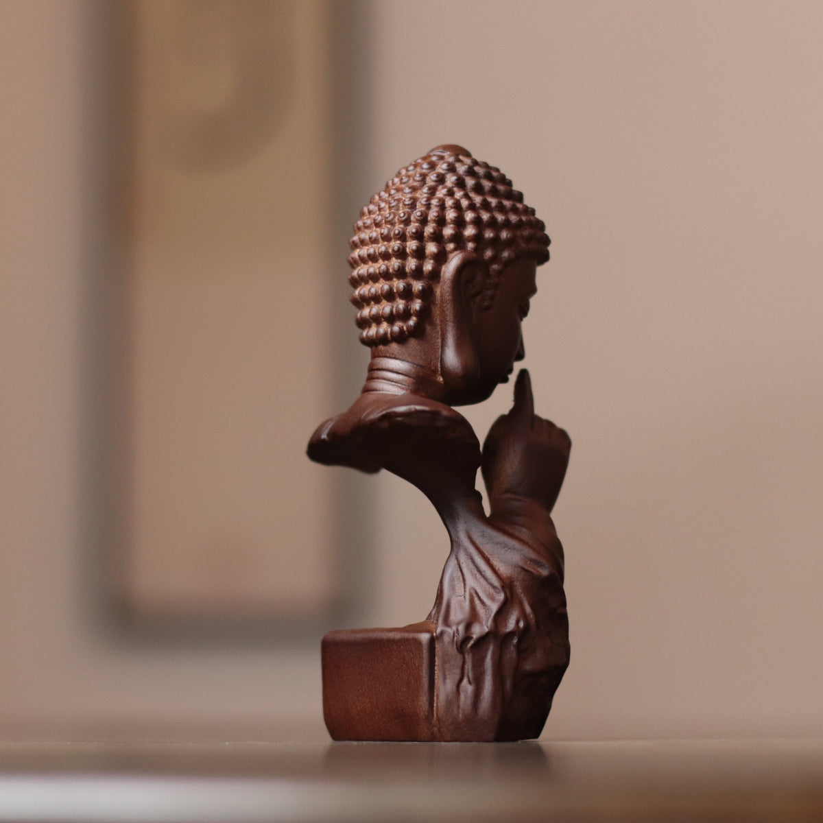 Silent Buddha Statue – Hand-Carved Wood Shh Buddha Bust