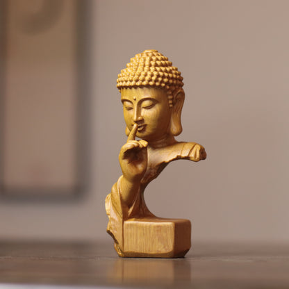 Silent Buddha Statue – Hand-Carved Wood Shh Buddha Bust