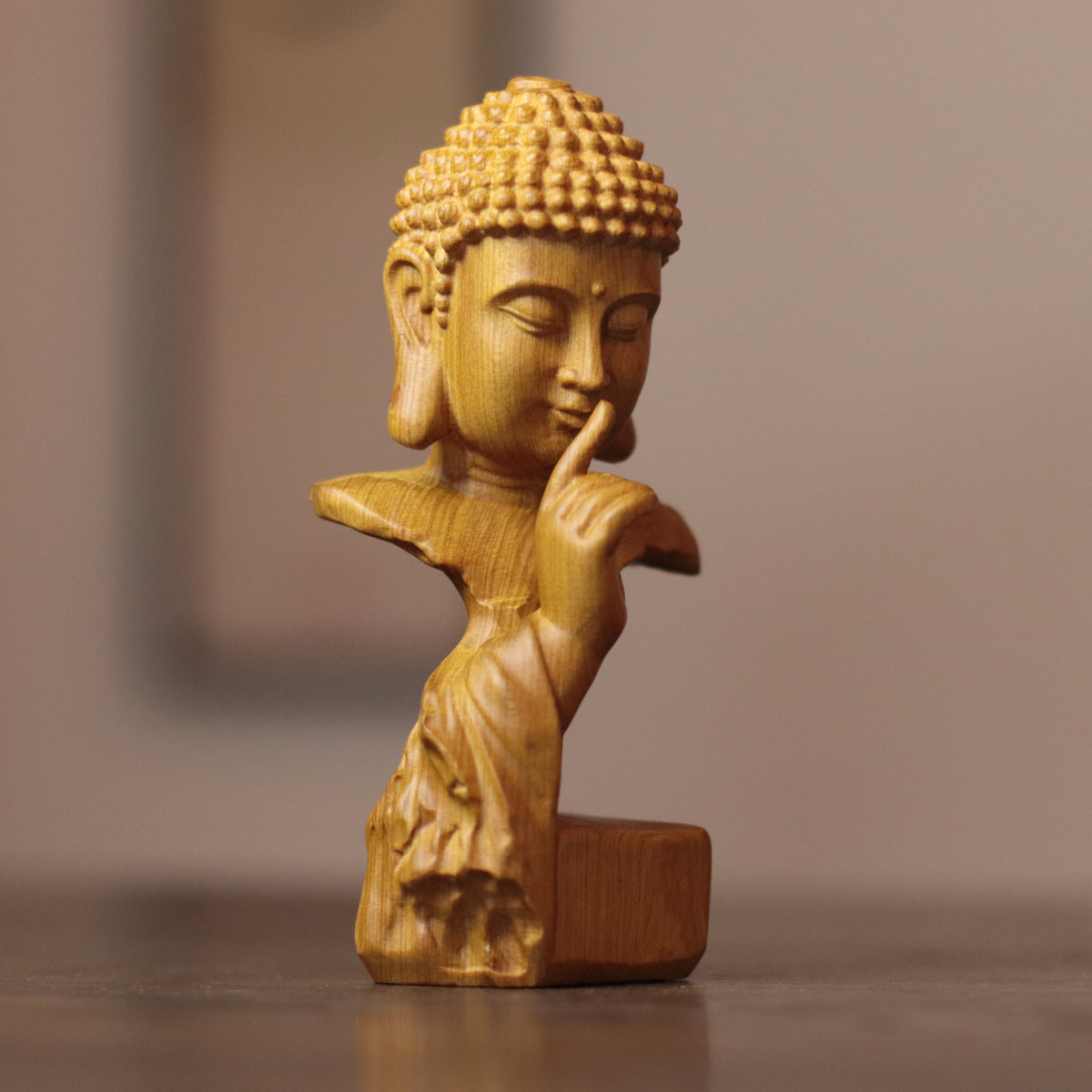 Silent Buddha Statue – Hand-Carved Wood Shh Buddha Bust