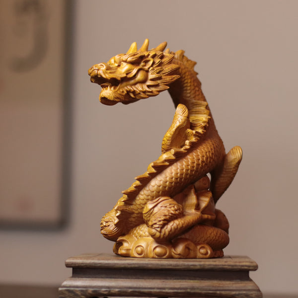 Feng Shui Dragon Statue – Hand-Carved Cypress Wood, Holding Pearl
