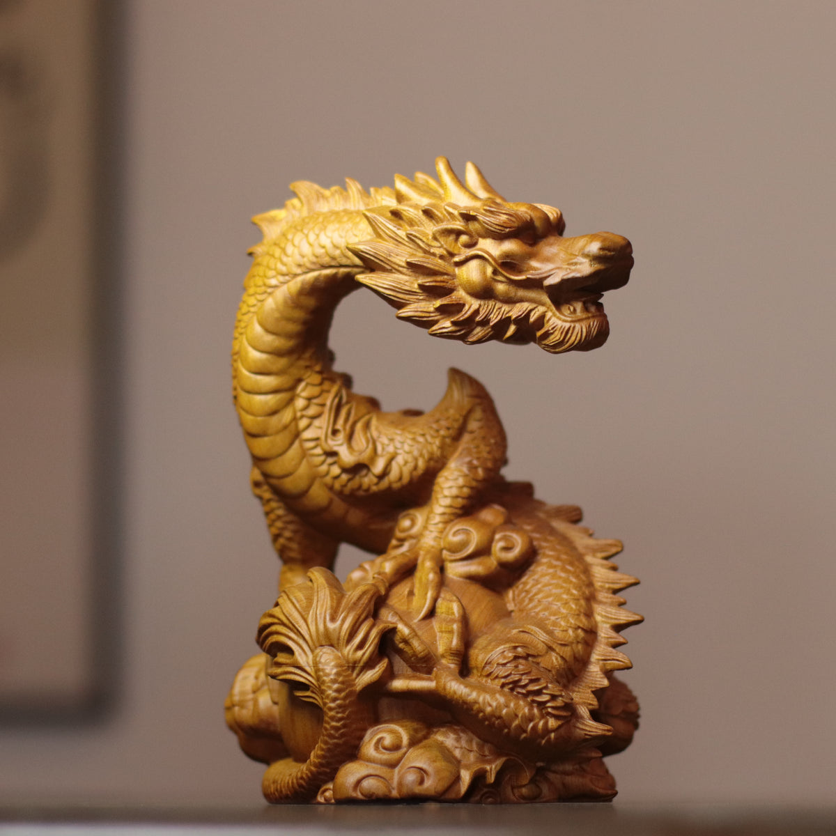 Feng Shui Dragon Statue – Hand-Carved Cypress Wood, Holding Pearl