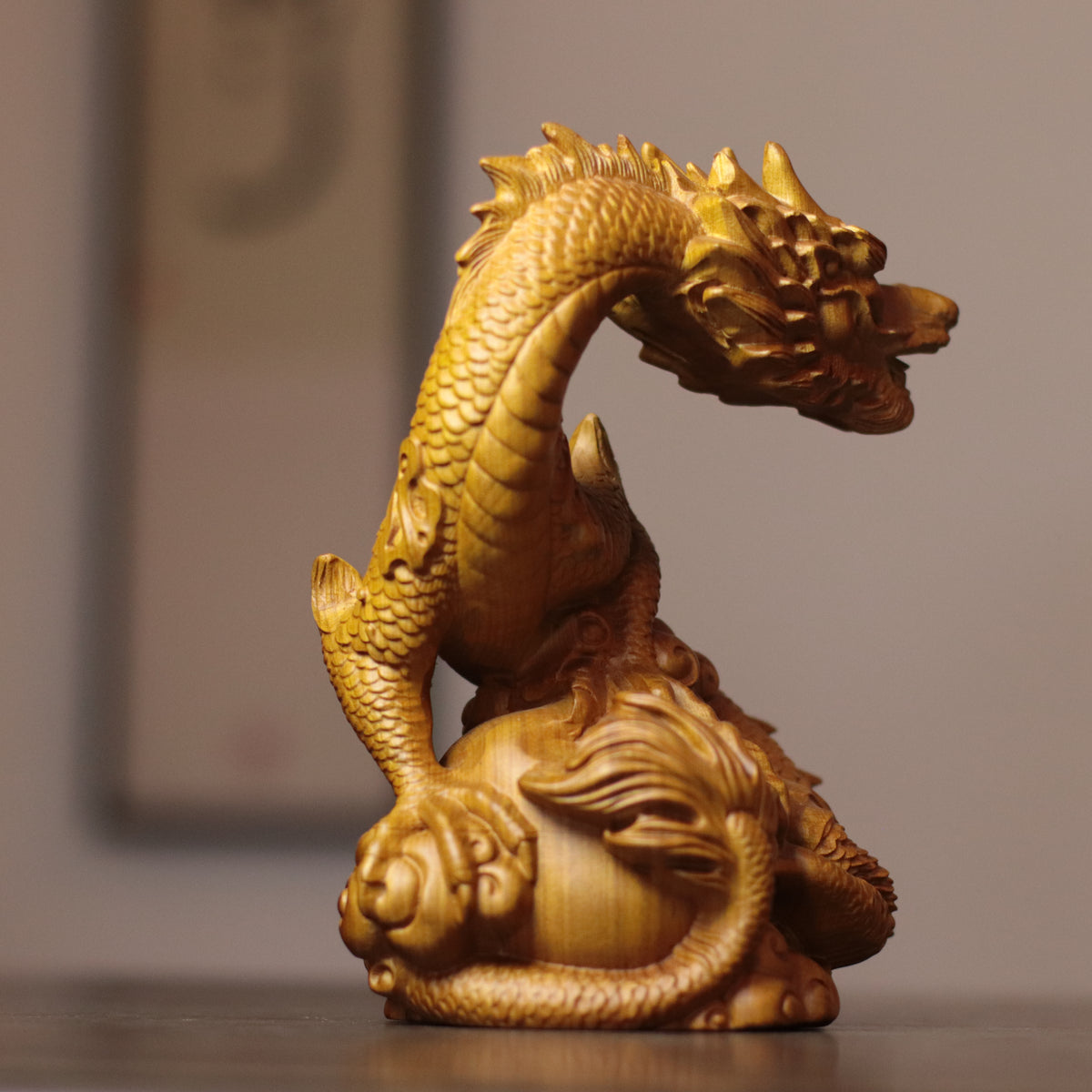 Feng Shui Dragon Statue – Hand-Carved Cypress Wood, Holding Pearl