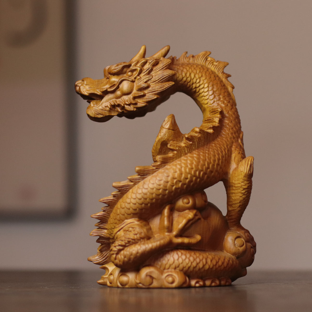 Feng Shui Dragon Statue – Hand-Carved Cypress Wood, Holding Pearl