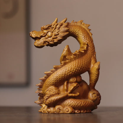 Feng Shui Dragon Statue – Hand-Carved Cypress Wood, Holding Pearl