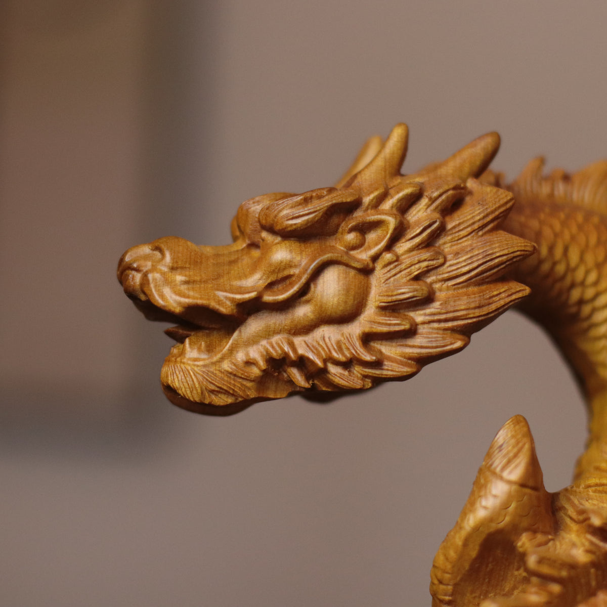 Feng Shui Dragon Statue – Hand-Carved Cypress Wood, Holding Pearl