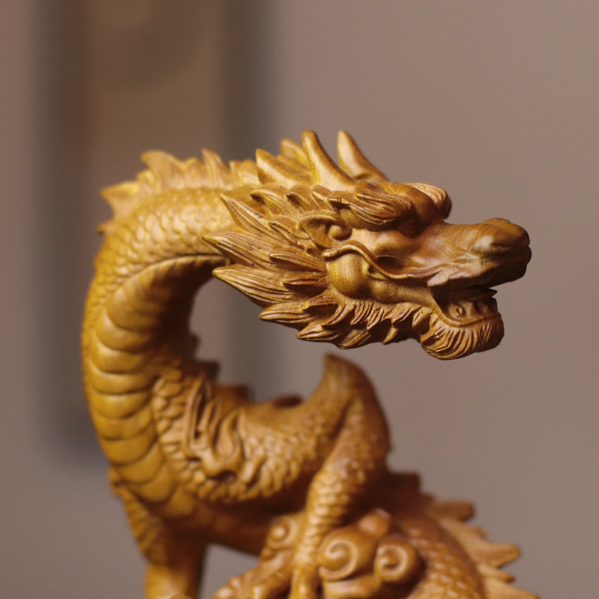 Feng Shui Dragon Statue – Hand-Carved Cypress Wood, Holding Pearl