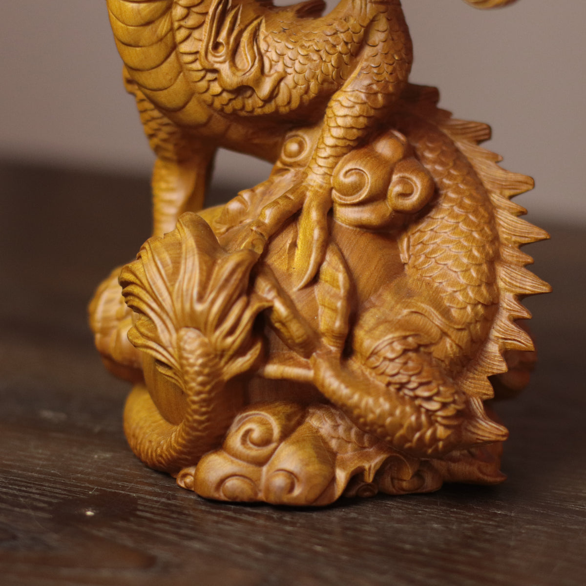 Feng Shui Dragon Statue – Hand-Carved Cypress Wood, Holding Pearl