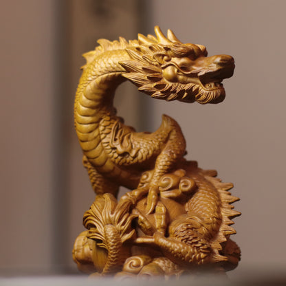 Feng Shui Dragon Statue – Hand-Carved Cypress Wood, Holding Pearl