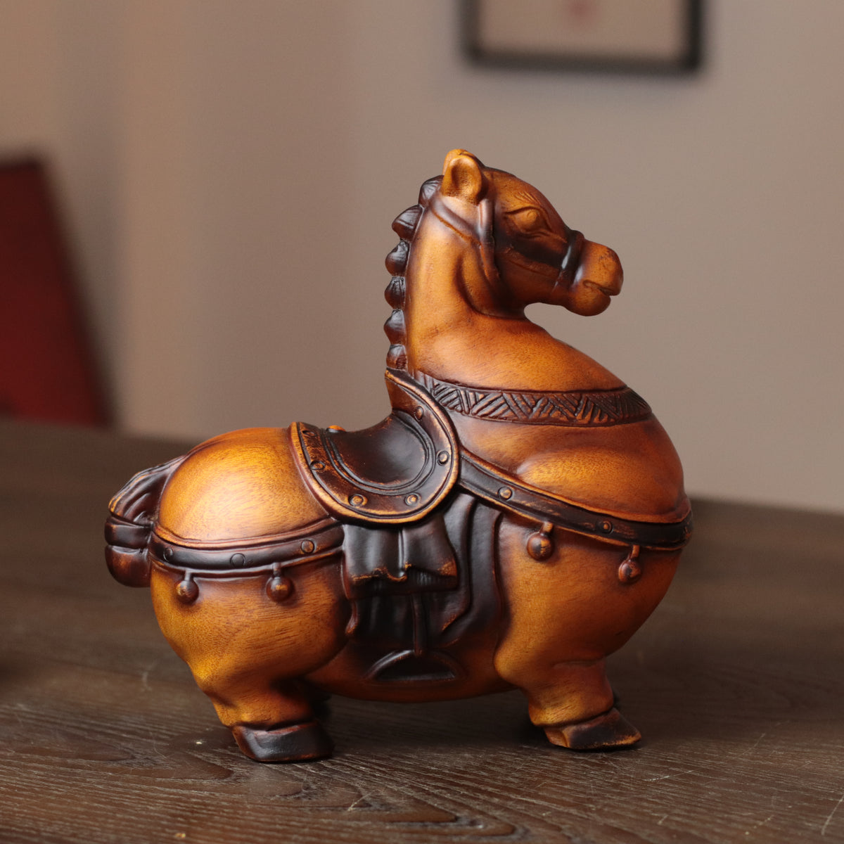 Tang Dynasty Fat Horse Statue – Hand-Carved Wood Feng Shui Horse