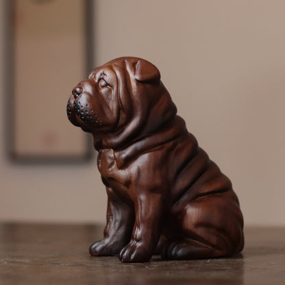 Sitting Bulldog Puppy Statue – Hand-Carved Padauk Wood Dog Sculpture