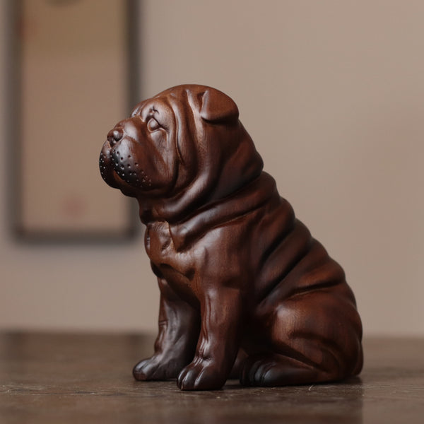 Sitting Bulldog Puppy Statue – Hand-Carved Padauk Wood Dog Sculpture