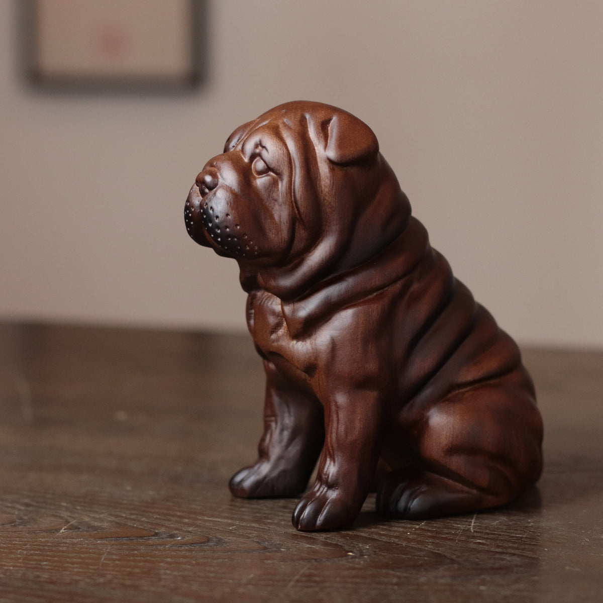 Sitting Bulldog Puppy Statue – Hand-Carved Padauk Wood Dog Sculpture