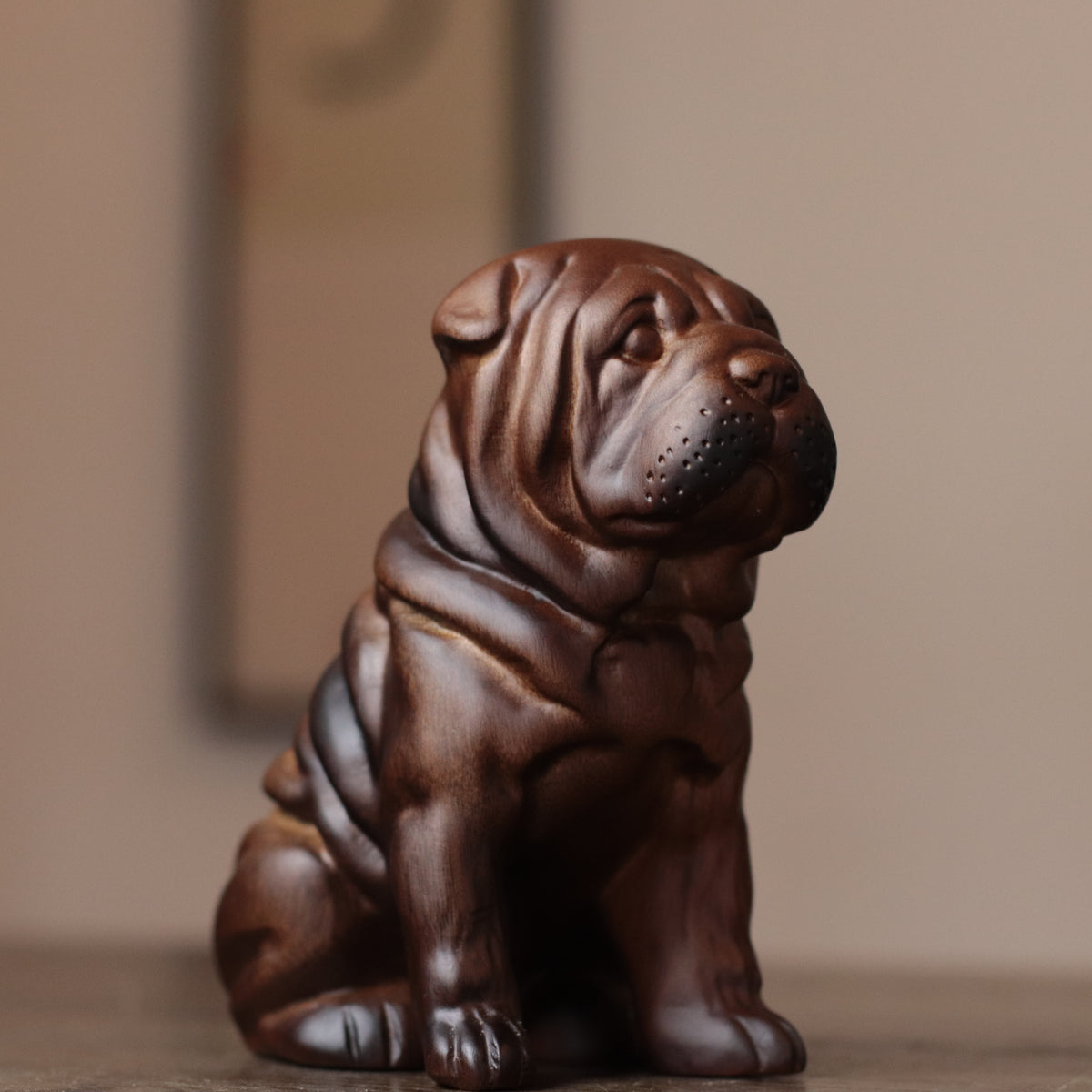 Sitting Bulldog Puppy Statue – Hand-Carved Padauk Wood Dog Sculpture