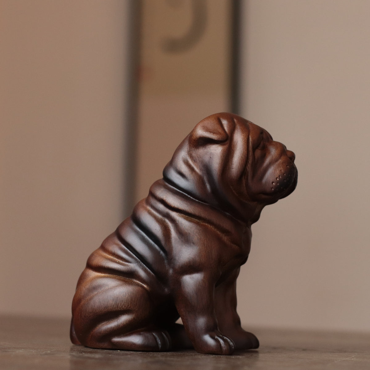 Sitting Bulldog Puppy Statue – Hand-Carved Padauk Wood Dog Sculpture