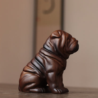 Sitting Bulldog Puppy Statue – Hand-Carved Padauk Wood Dog Sculpture