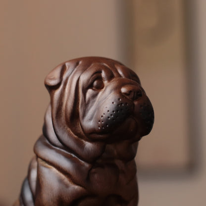 Sitting Bulldog Puppy Statue – Hand-Carved Padauk Wood Dog Sculpture