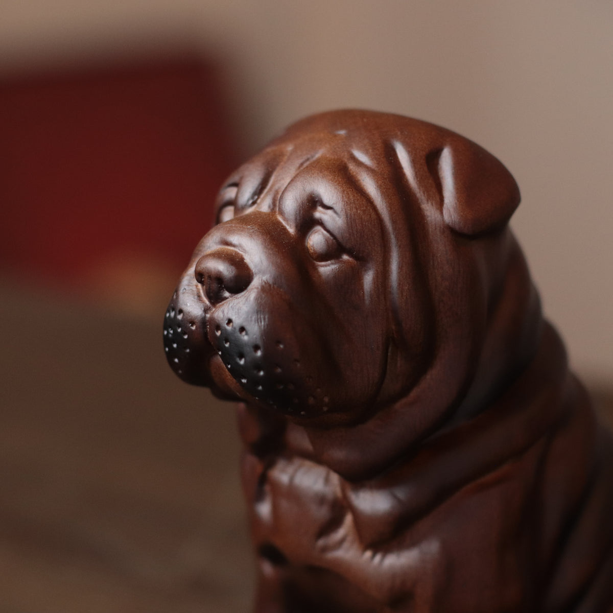 Sitting Bulldog Puppy Statue – Hand-Carved Padauk Wood Dog Sculpture