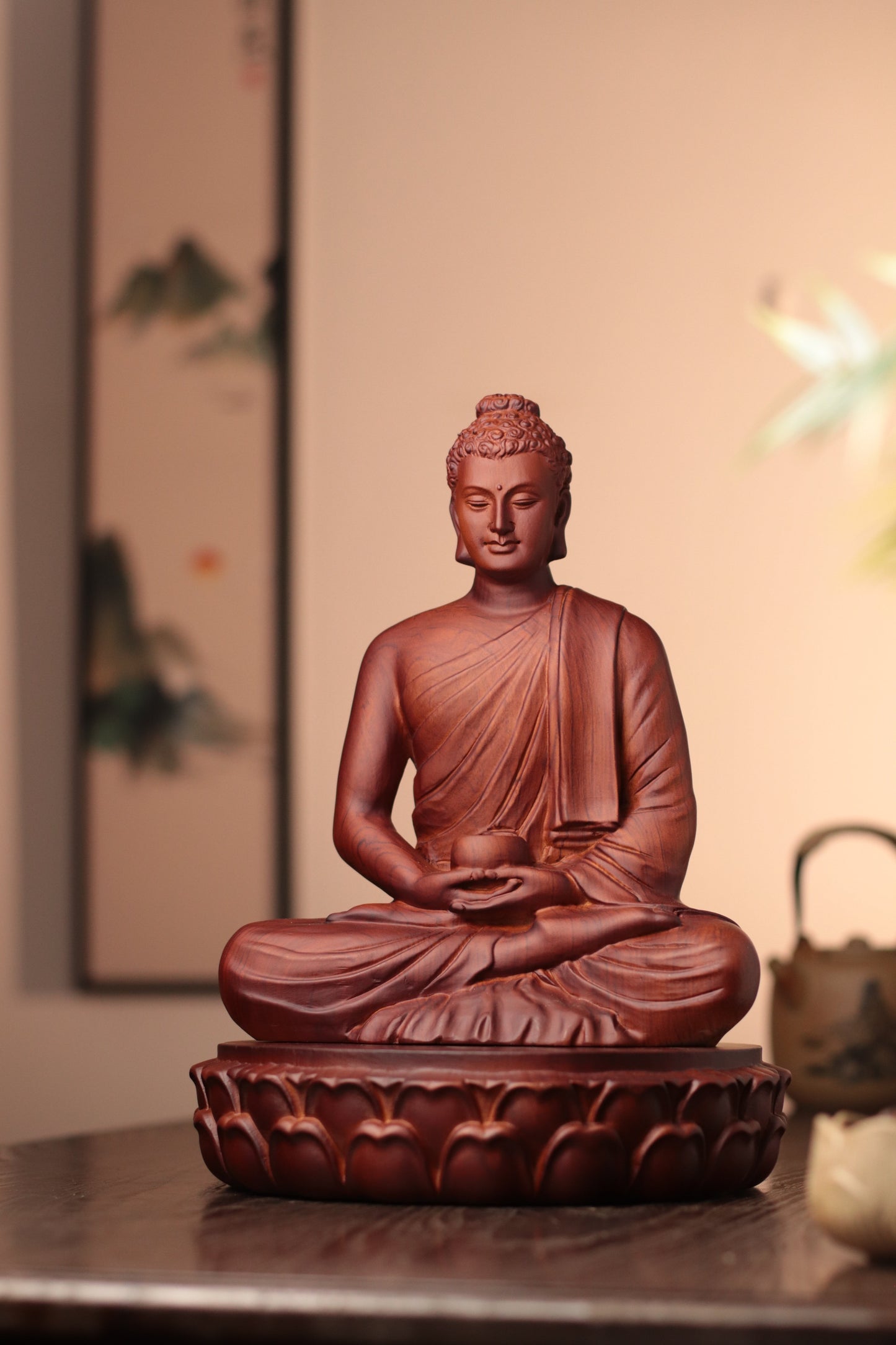 Wooden Buddha Statue — Hand-Carved Padauk Shakyamuni, Meaningful Gift, Buddhist Home Decor