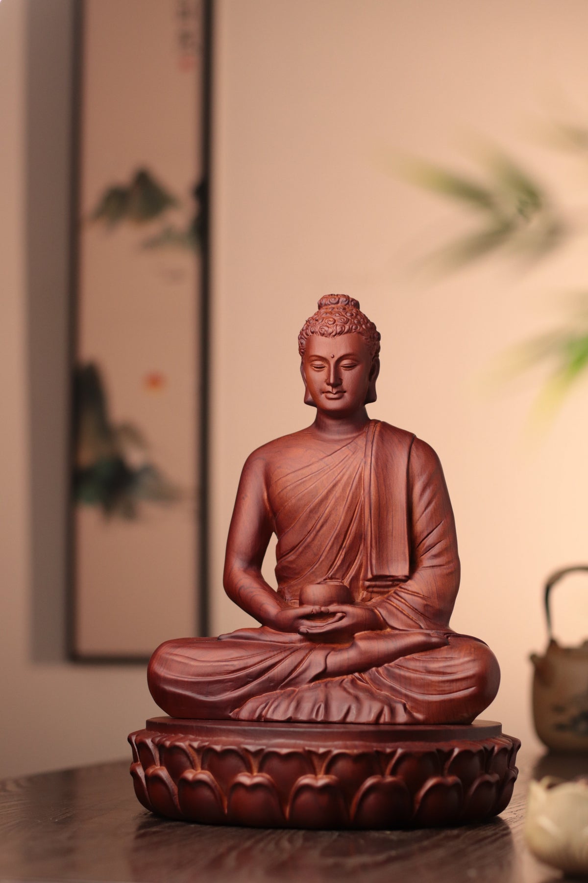 Wooden Buddha Statue — Hand-Carved Padauk Shakyamuni, Meaningful Gift, Buddhist Home Decor
