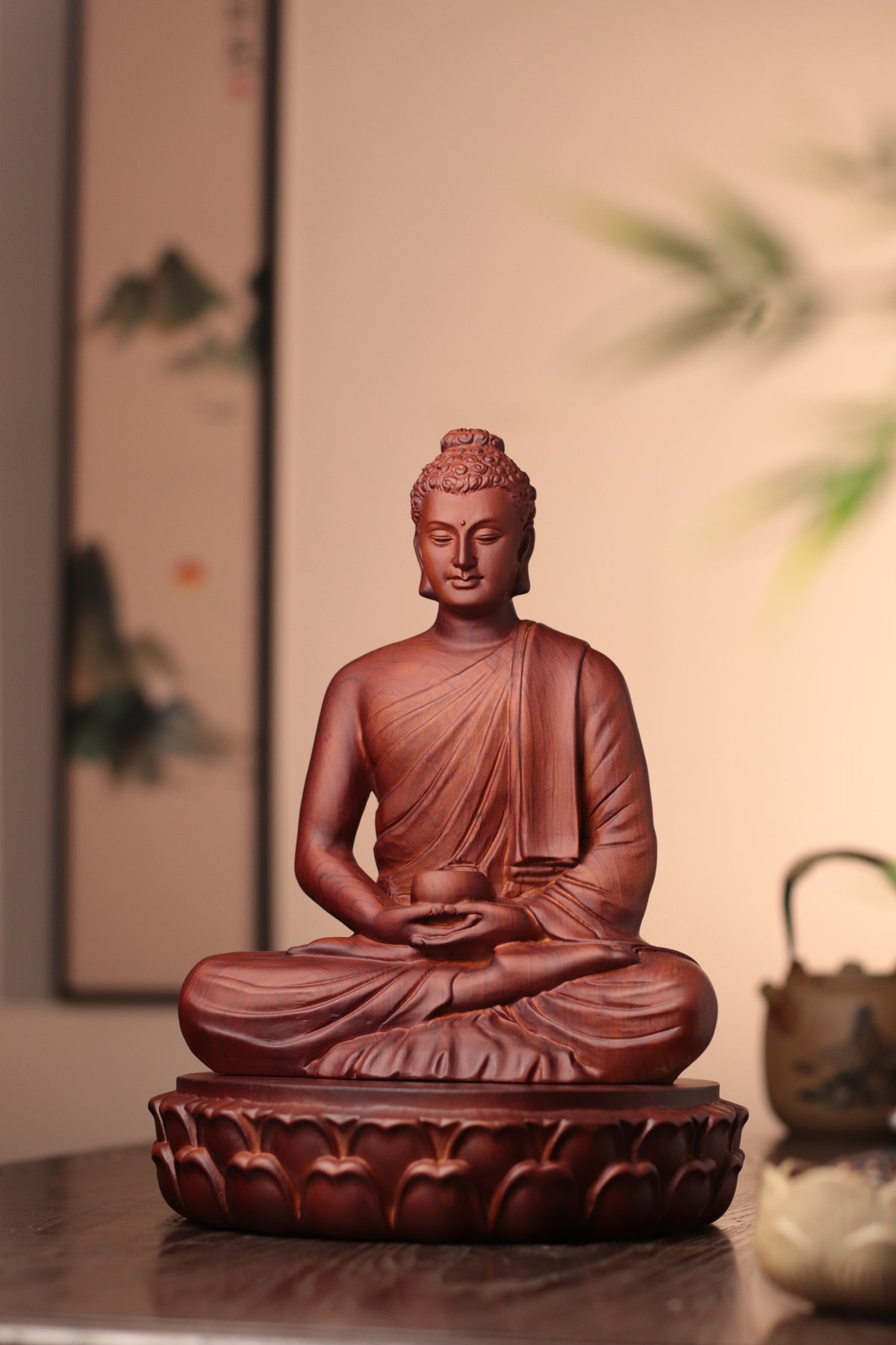 Wooden Buddha Statue — Hand-Carved Padauk Shakyamuni, Meaningful Gift, Buddhist Home Decor