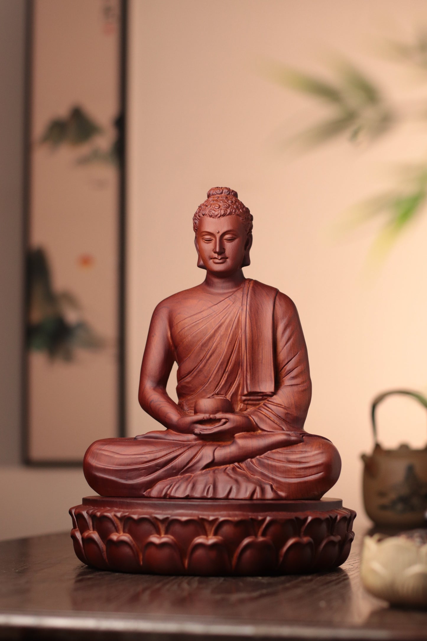 Wooden Buddha Statue — Hand-Carved Padauk Shakyamuni, Meaningful Gift, Buddhist Home Decor