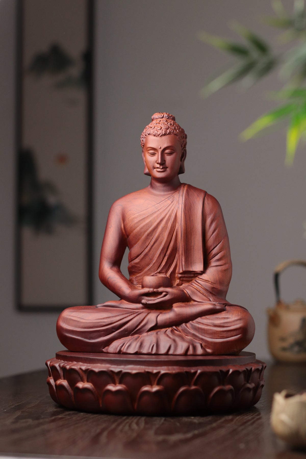 Wooden Buddha Statue — Hand-Carved Padauk Shakyamuni, Meaningful Gift, Buddhist Home Decor