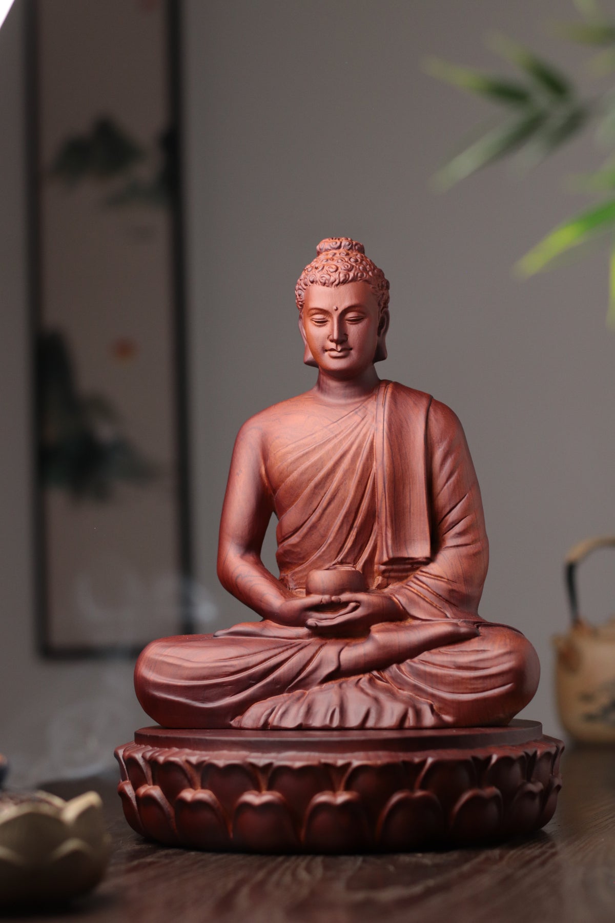Wooden Buddha Statue — Hand-Carved Padauk Shakyamuni, Meaningful Gift, Buddhist Home Decor